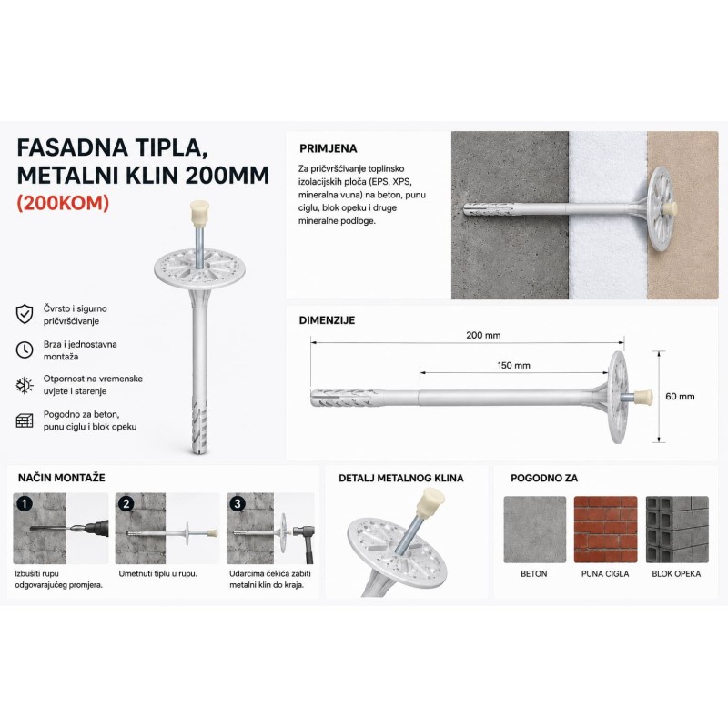 Fasadna tipla s metalnim klinom 200 mm, Tipla za fasadu
