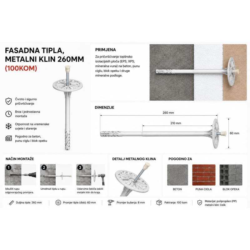 Fasadna tipla s metalnim klinom 220 mm, Tipla za fasadu